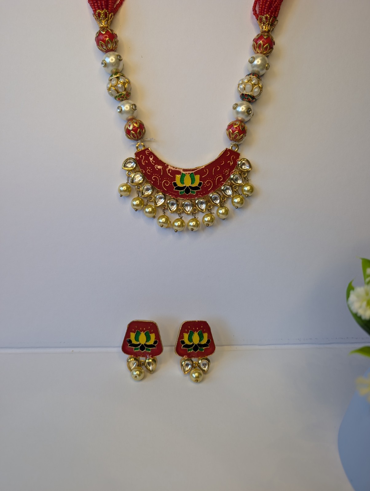 Handmade Lotus Thread Necklace Set Red Meenakari Pearl Indian Ethnic Jewelry