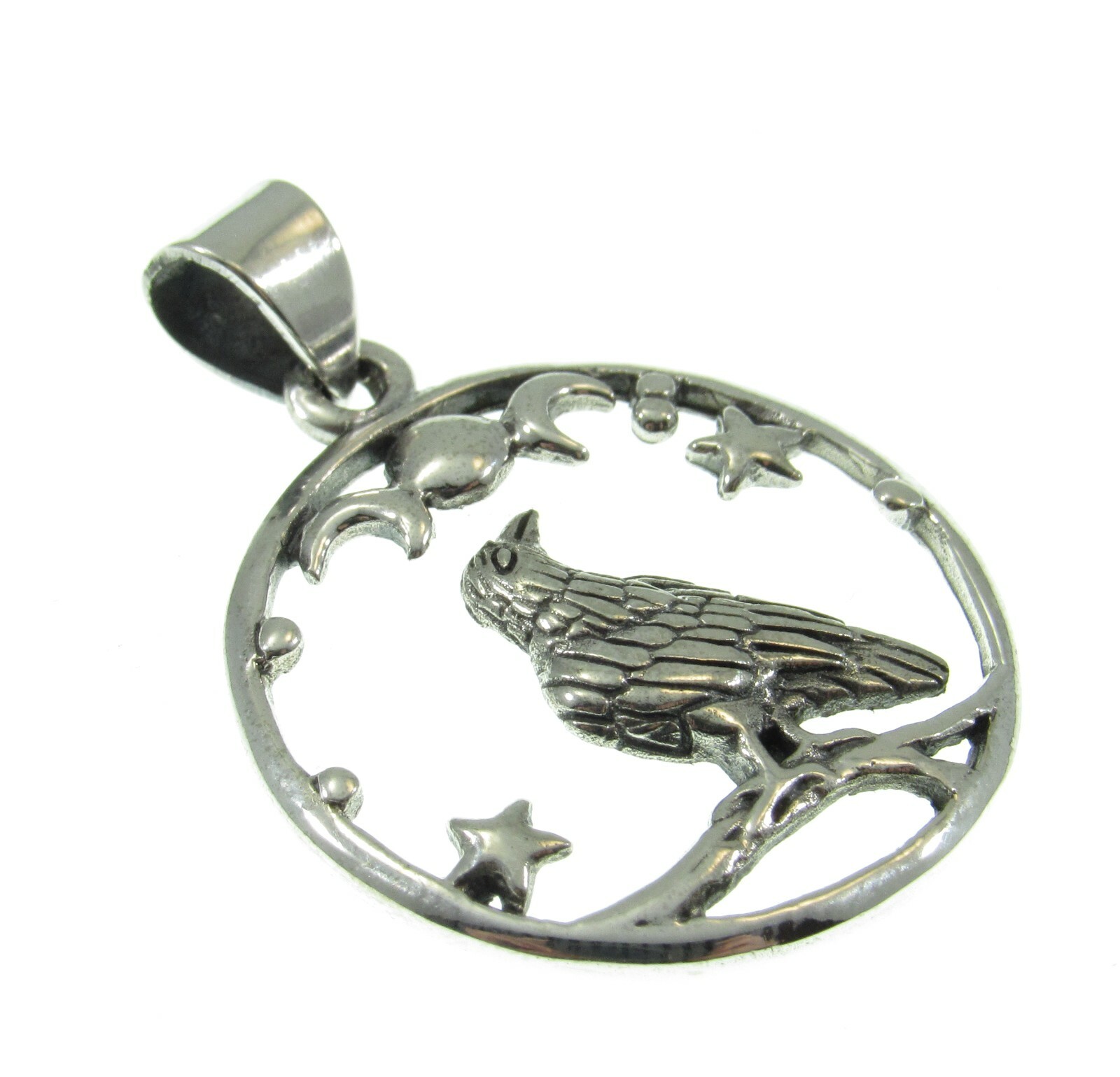 Handcrafted Solid 925 Sterling Silver Raven Triple Moon & Stars Pendant