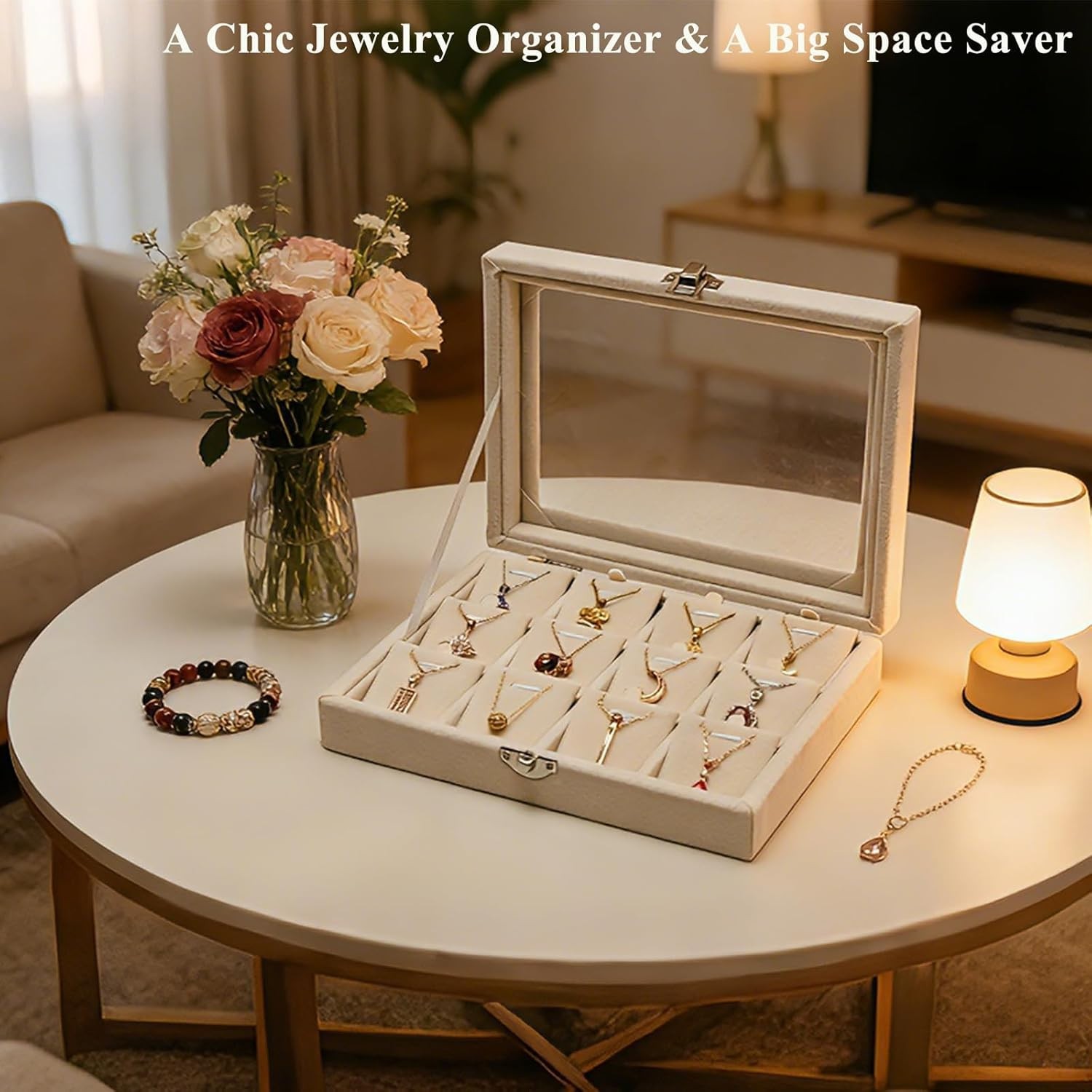 Jewelry Box Necklace Organizer Tray, Beige Necklace Display Case for Storage …