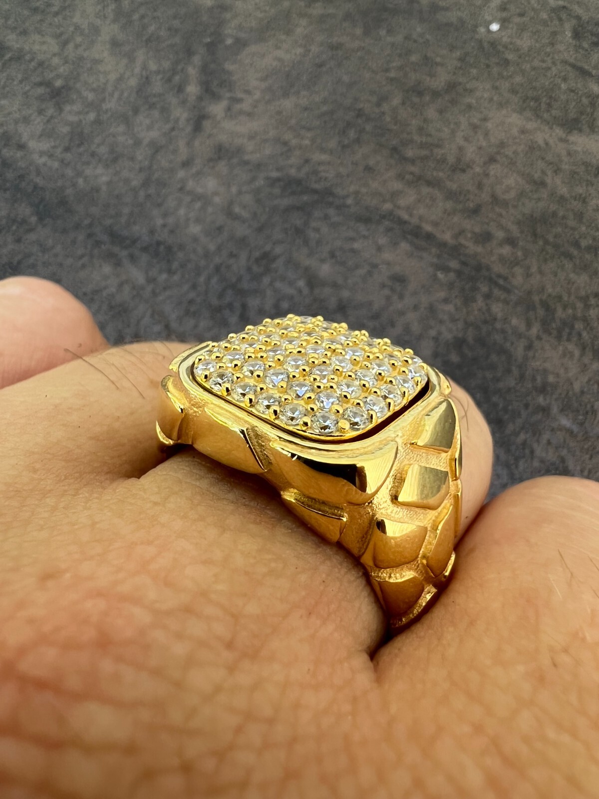 Nugget Ring Mens Real Solid 14K Gold Plated 925 Silver Iced CZ Pinky Hip Hop