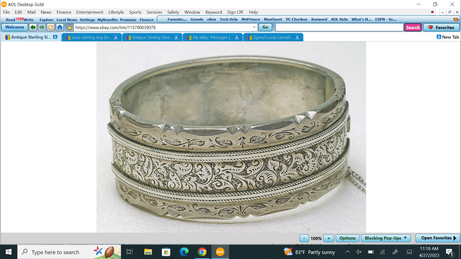 Antique Sterling Silver European Un marked engraved Wide Ladies bangle Bracelet