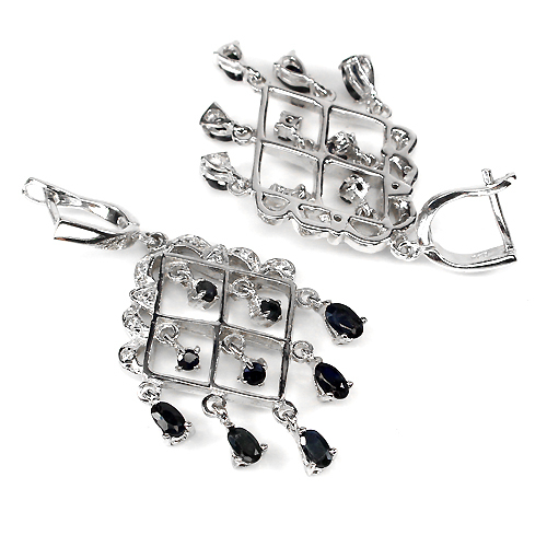 ELEGANT TOP BLACK BLUE SAPPHIRE,W. CZ STERLING 925 SILVER FLOWER DANGLE EARRINGS