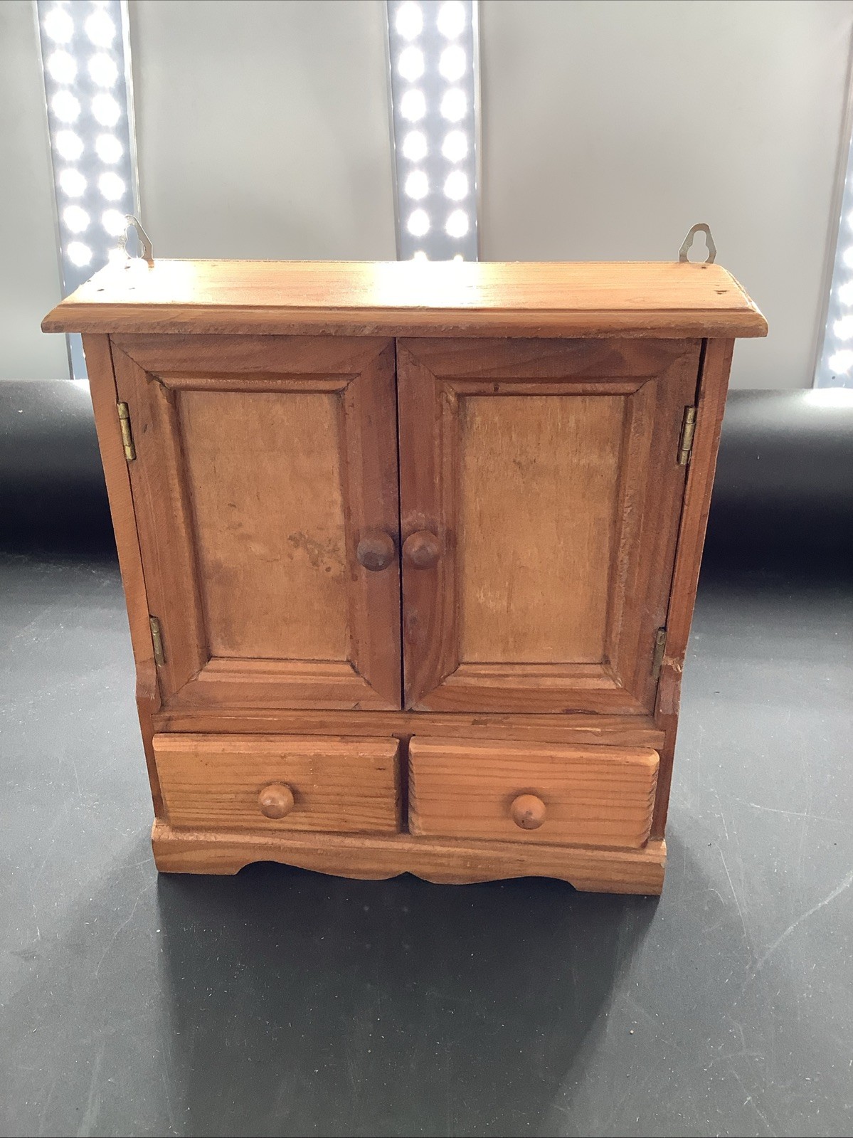 Vintage Wooden Jewelry Box Mini Cabinet 2 Drawers 2 Doors Countertop Wall Mount