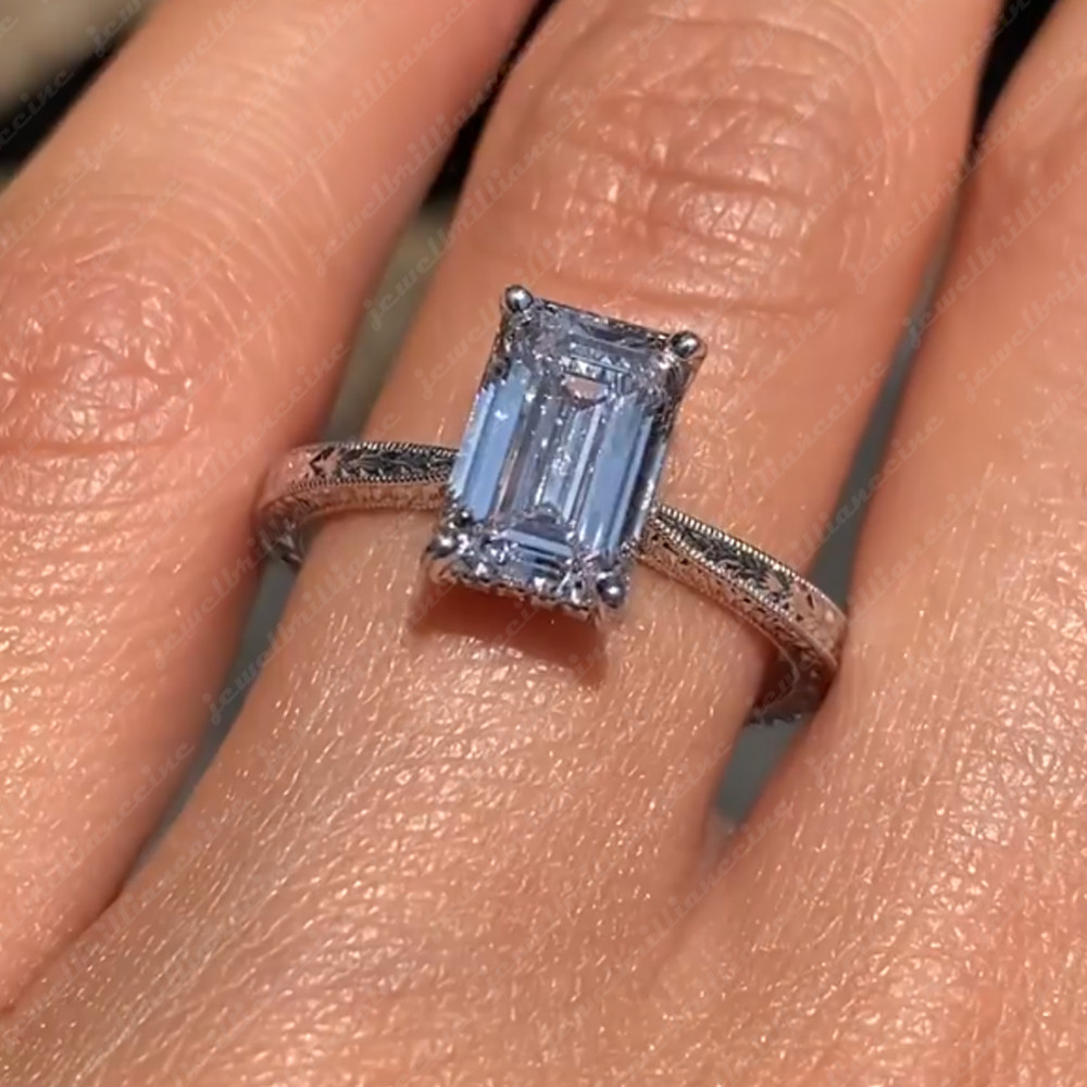 2.30Ctw Emerald Cut Moissanite Hidden Halo Vintage Style Engagement Wedding Ring