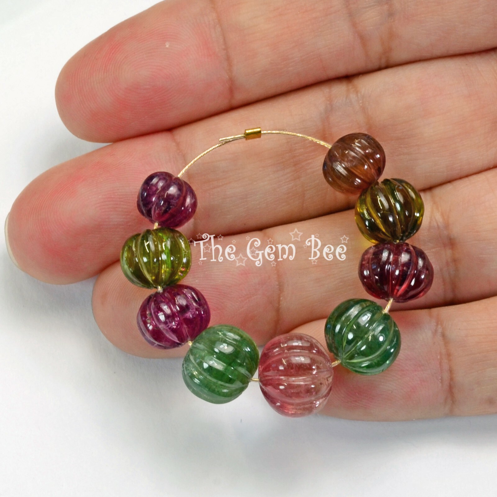 7.8mm-10.6mm Fine Candy Tourmaline Carved Melon Fluted Bead 2.7″ Strand (9)