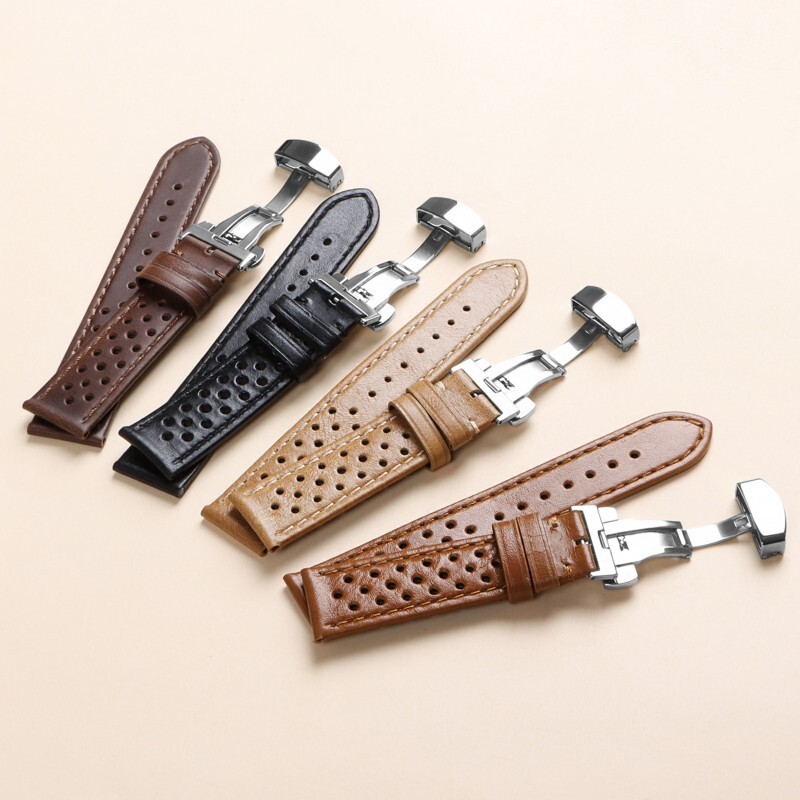 Premium Porous Breathable Leather Watch Band Strap Mens Butterfly Buckle 20 22mm