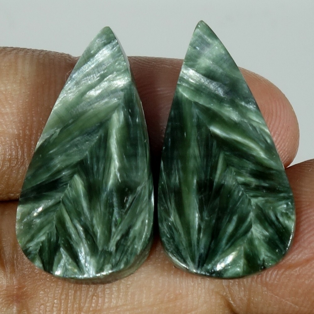 27.40 Cts. Earring Pair ! Green Seraphinite Pear Cabochon Natural Loose Gemstone