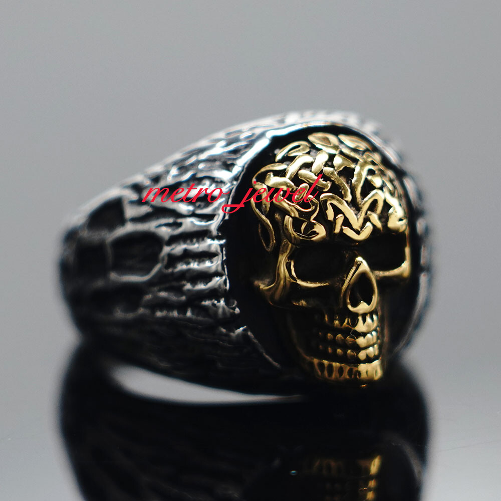 JXC Mens Two Tone Gold Plated Biker Skull Ring Stainless Steel Size 7 8 9 10-14