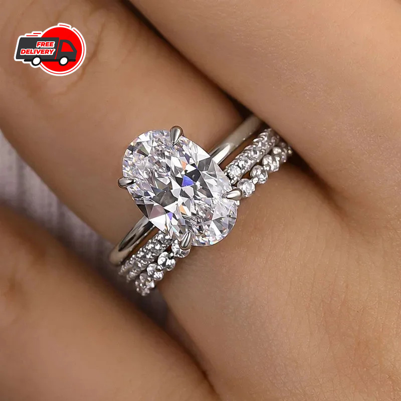ONE SET 3 PCS Women 18k Gold Plated Sparkling CZ Oval Band Ring Engagement