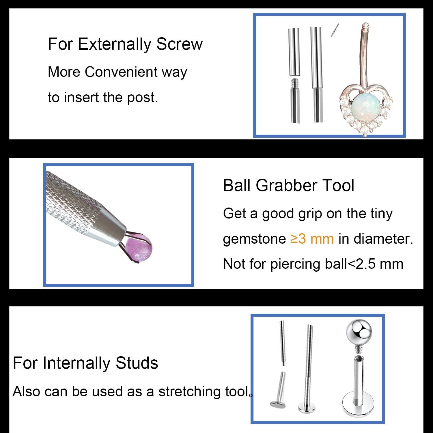 Piercing Ball Grabber Tool and Piercing Taper 16G 18G 14G for Flat Back Threa…