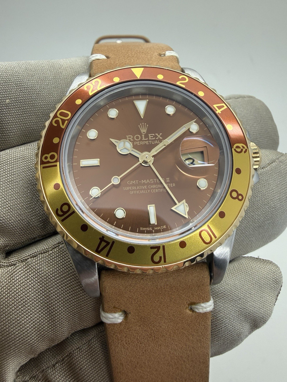 1989 Rolex GMT Master II Rootbeer Brown Bezel Dial Leather 40mm Watch 16713 RSC
