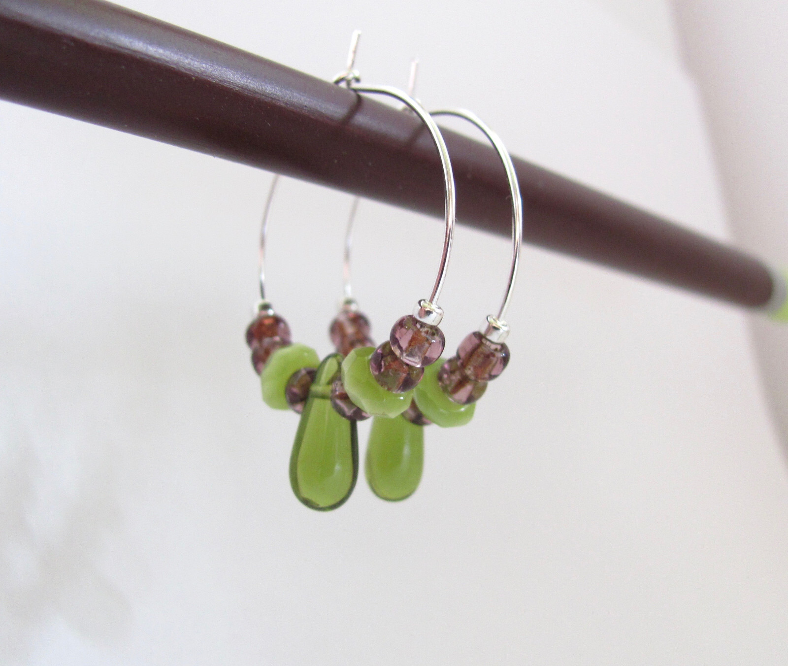 Hoop Earrings Boho Beaded Green Purple Silver Plate Hawaii Beads Czech Glass