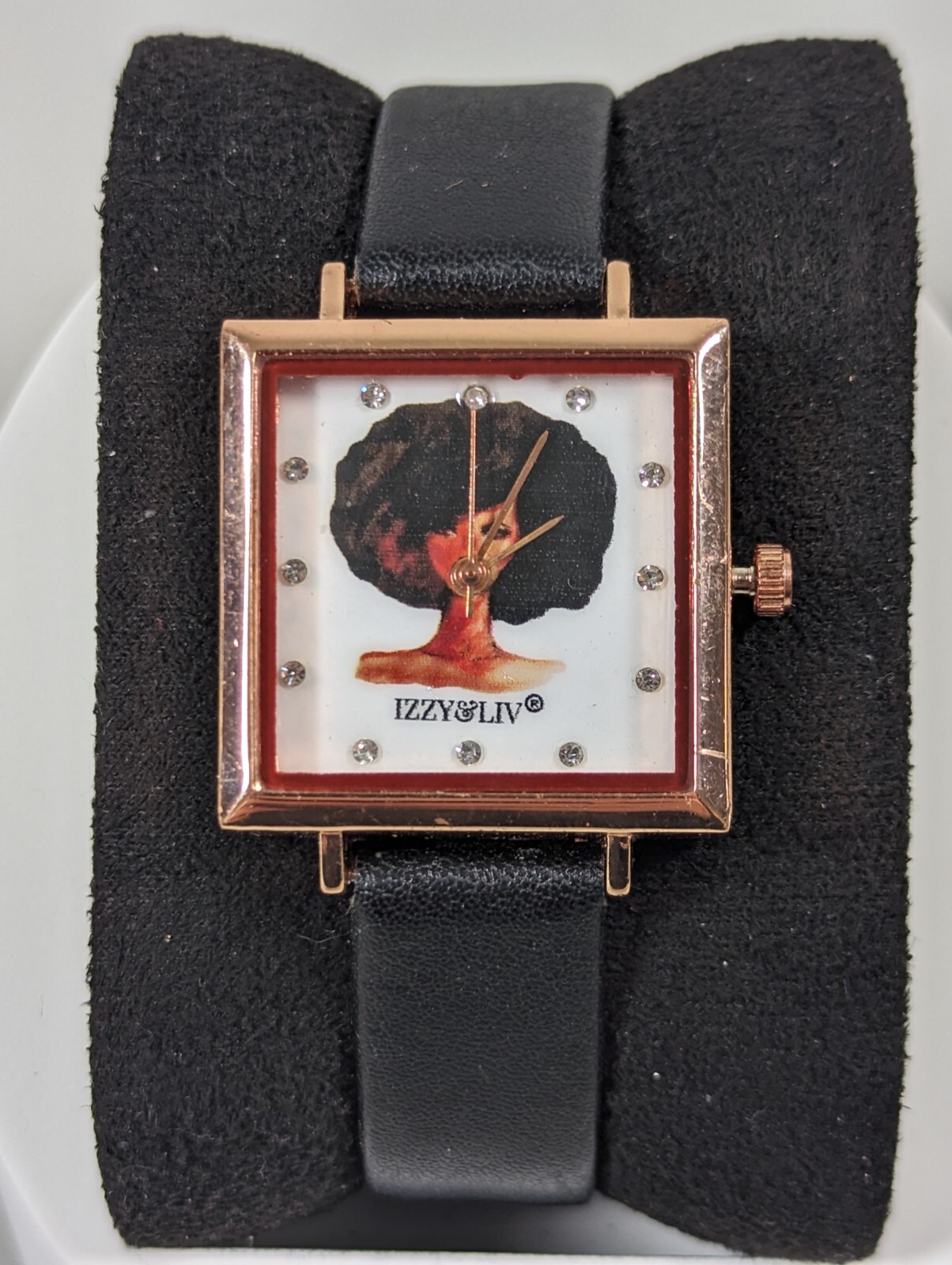 Ixxy&Liv Crystal Accent Dial Square Gold Tone Case Black Band Watch