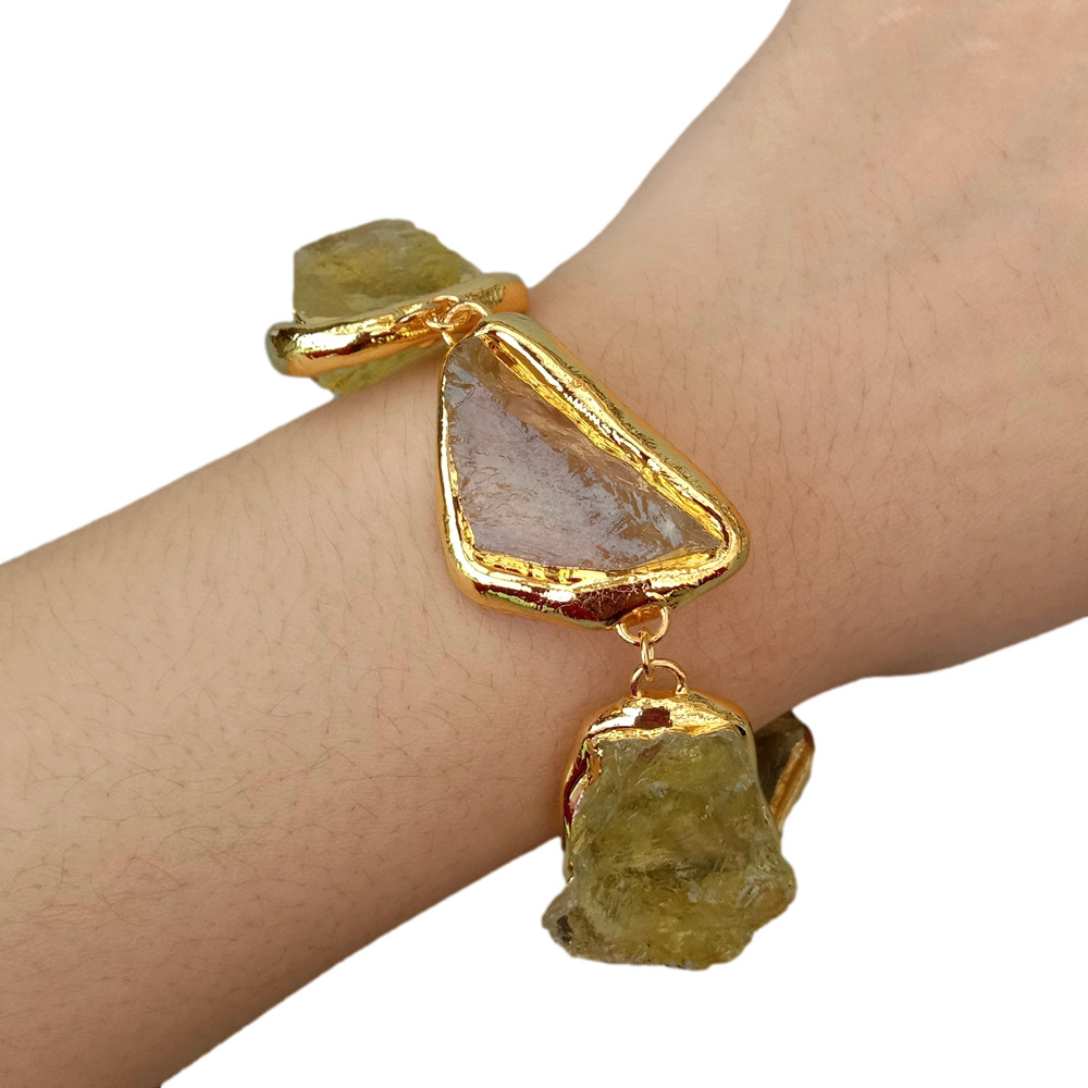 Natural Lemon Quartz Rough Raw Bracelet Gold Plated Brushed Bead Semi Precious