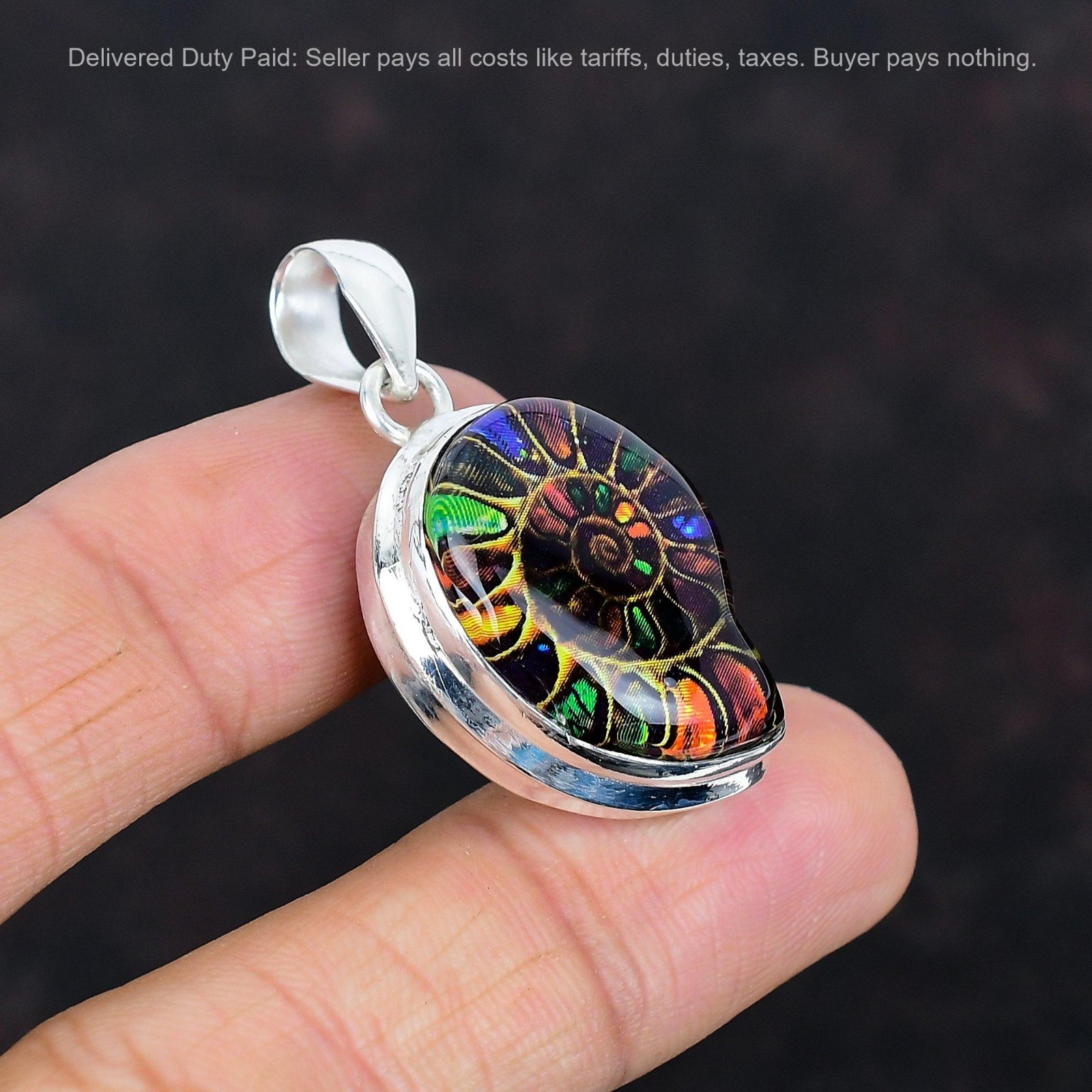 Multi Shade Ammonite Fossil Gemstone Pendant 925 Sterling Silver Handmade Jewelr