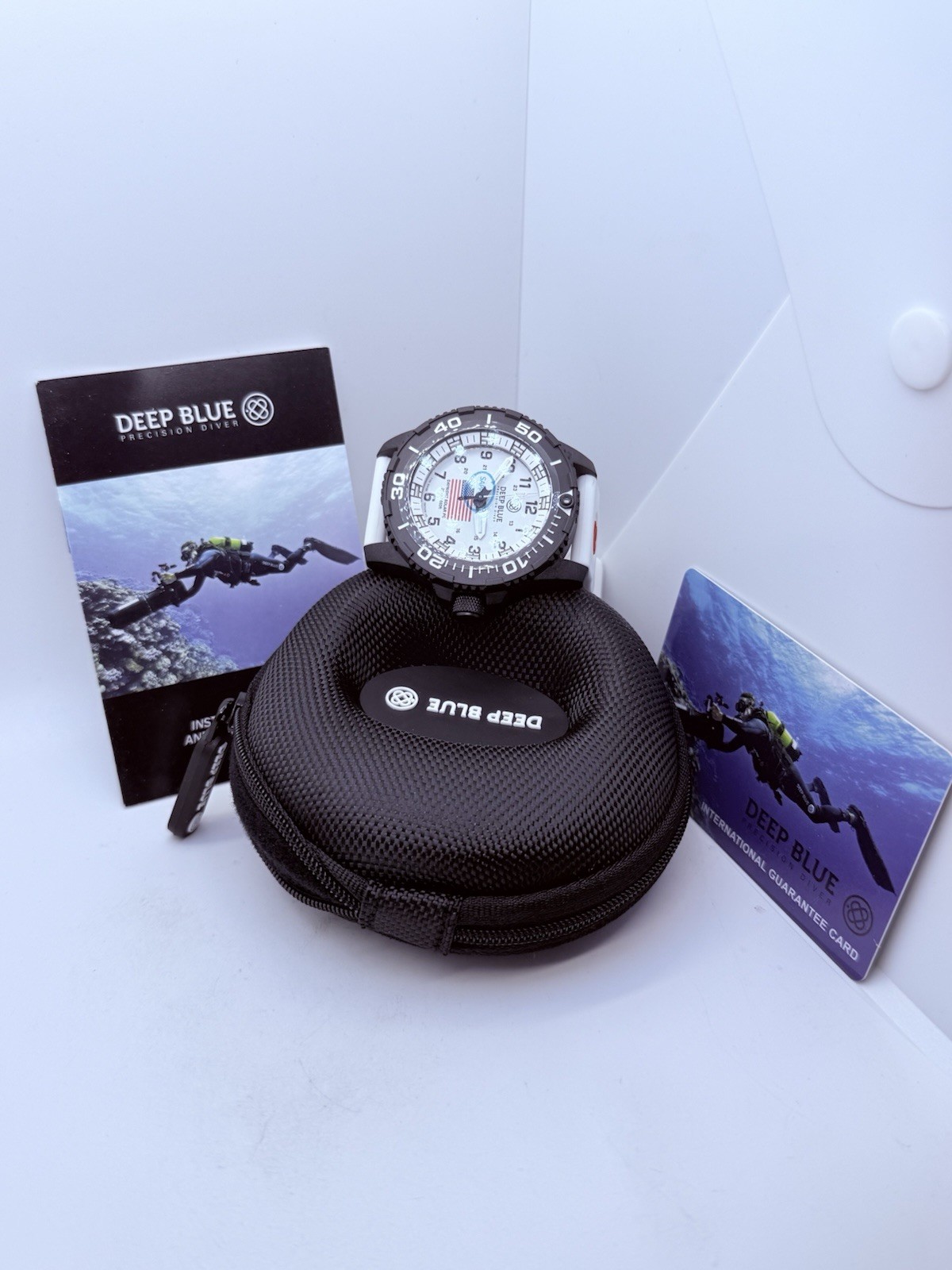 Deep Blue DAYNIGHT 43MM DIVER SOLAR POWERED PC WHITE DIAL USA🇺🇸3 COLOR TUBES‼️