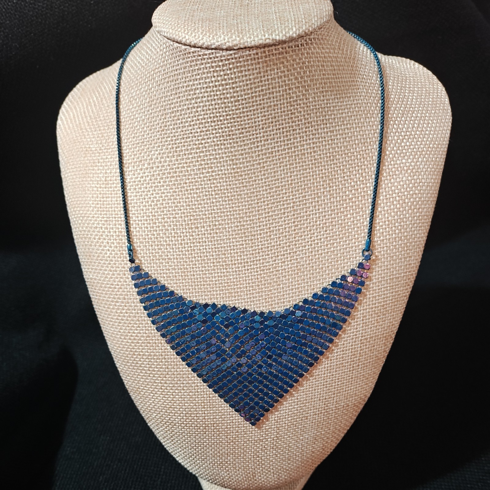 Vtg HK 70s Disco Mesh Bib Necklace Iridescent Blue Green Chainmail Hong Kong