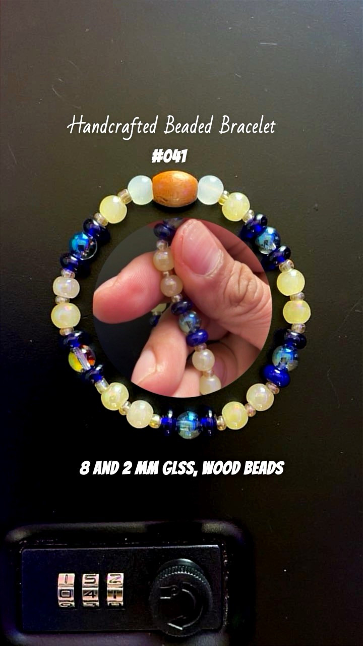 Handmade Blue/White/Brown Glass & Wood Beaded Bracelet, 8mm/2mm Unisex #041