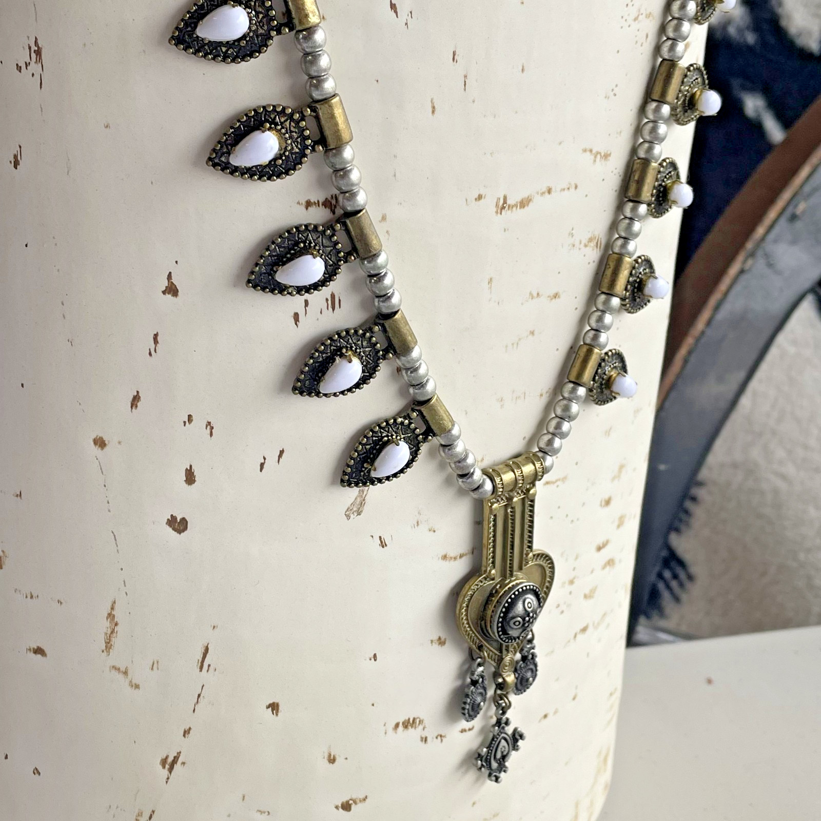 Vintage ELFE Italy White Resin Naja Squash Blossom Statement Pendant Necklace