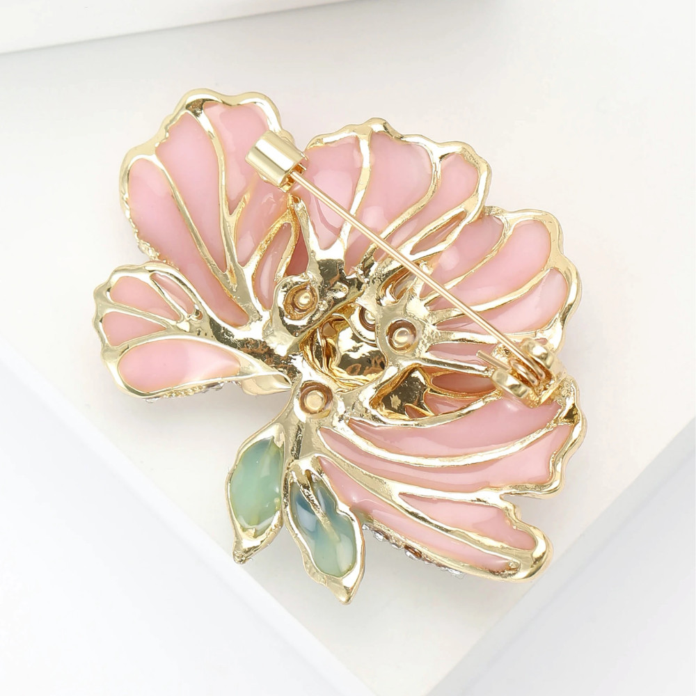 Gold Pink Peony Flower Brooch Pearl Enamel Rhinestone Pin Summer Jewelry Gift