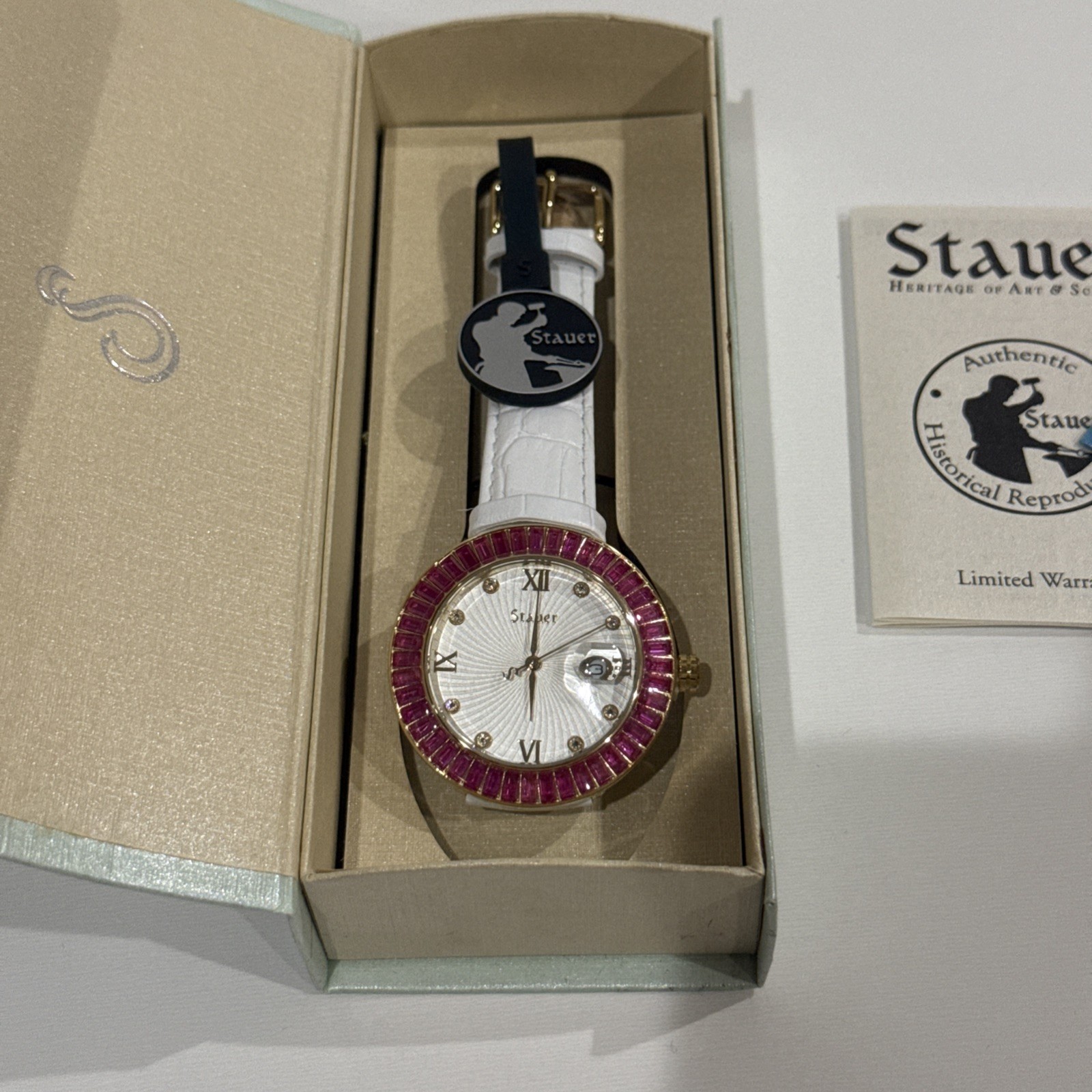 Stauer Womens Pink Baguette Accent Round White Leather Band Watch