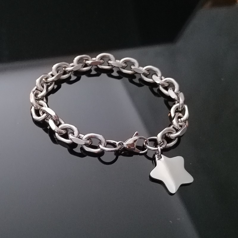 Star Stainless Steel Silver oval Chain Bangle Bracelet 17-23cm