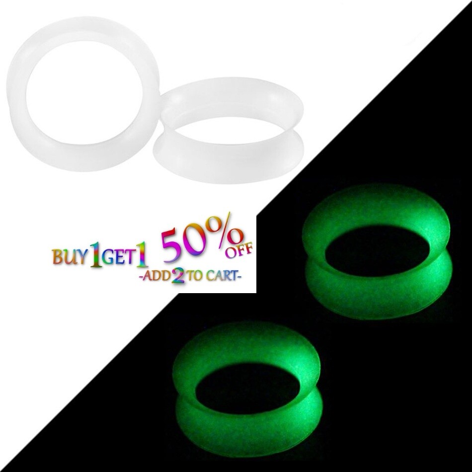 Pair 8g-40mm CLEAR GLOW SILICONE FLESH TUNNELS Double Flare Gauges Thin 2051