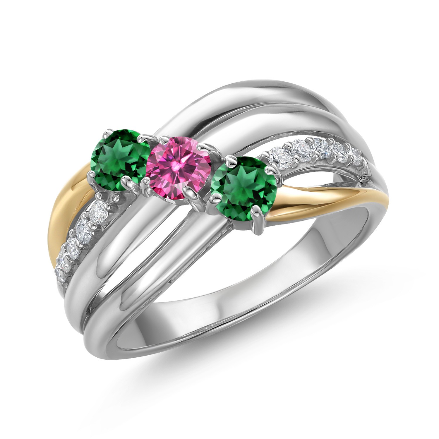 925 Silver and 10K Yellow Gold Nano Emerald and Pink Moissanite and Lab Grown