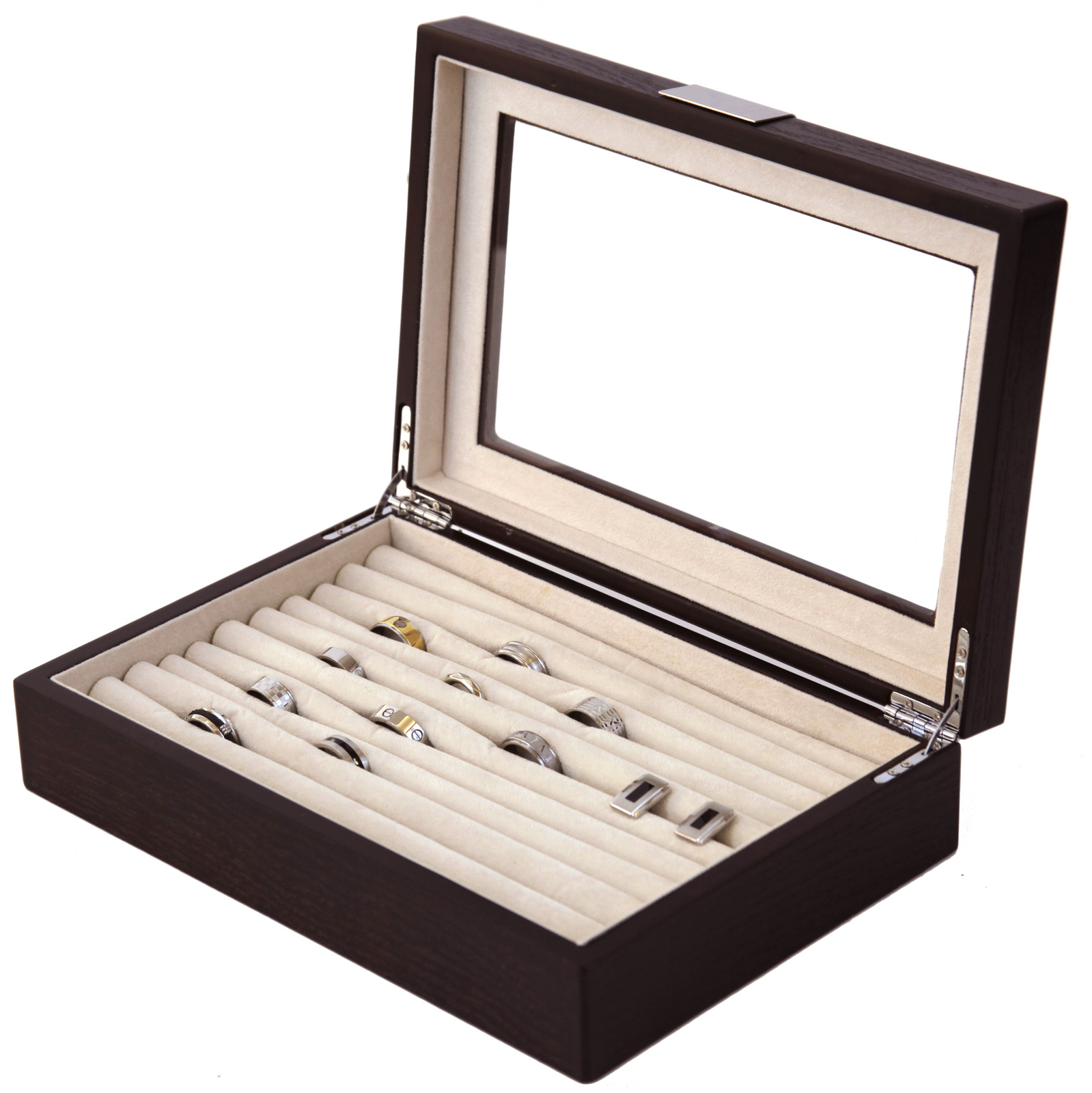 Ring Cufflink Box Storage Brown Wood Grain Finish Glass Window