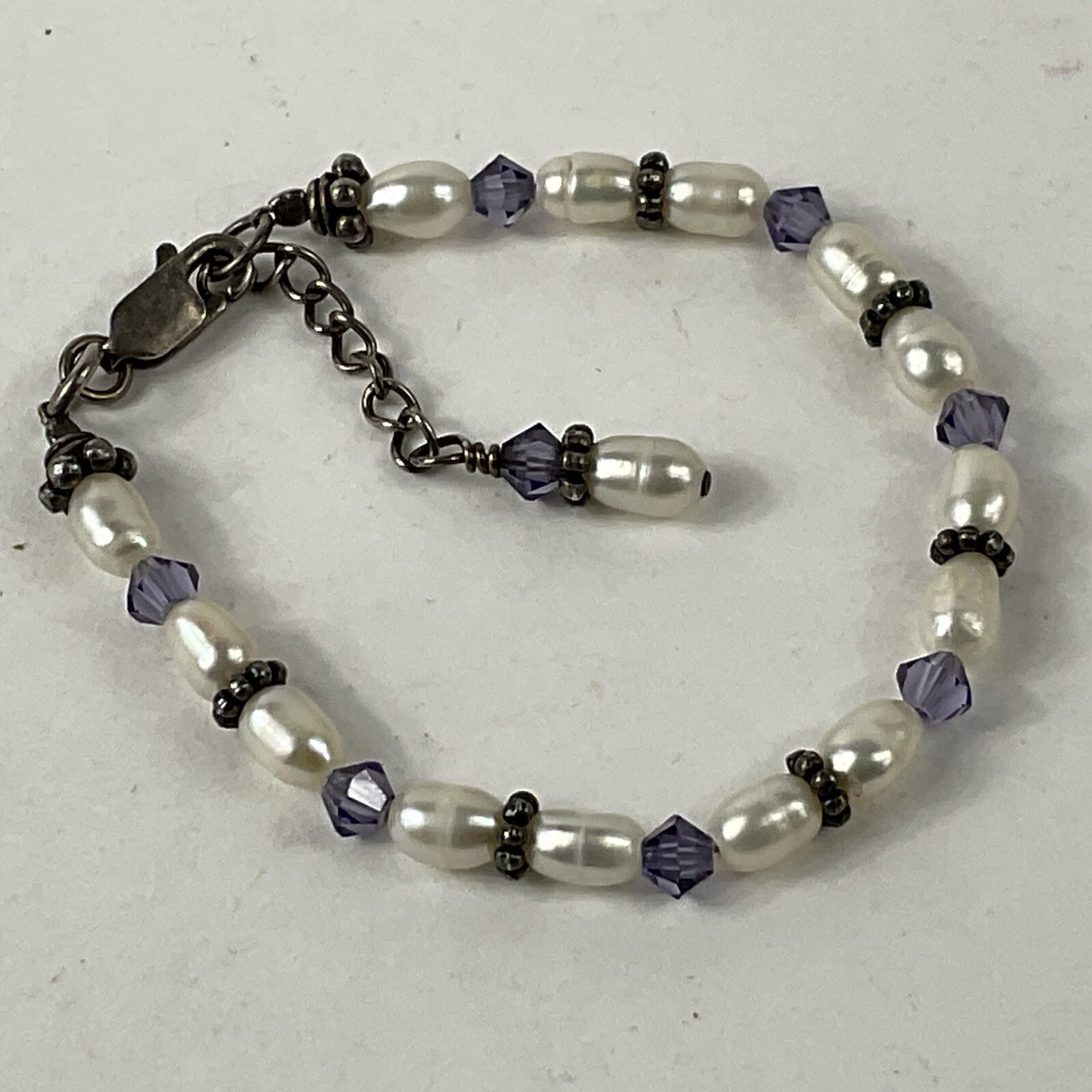 Vtg Baby to Girl Bracelet Adjusts 5.5-6.5” Beaded Pearl Purple Crystal Sterling