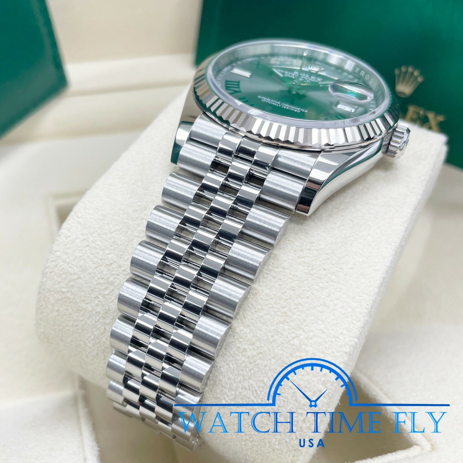 Rolex 126234 Steel Datejust 36 Fluted Bezel Wimbledon Rhodium Roman Dial Jubilee