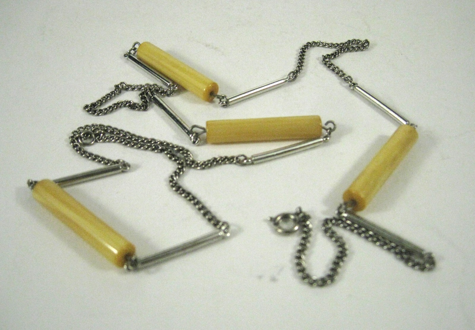 Necklace Strand String Silvertone Chain Yellow Plastic Beaded 30 In Unsigned