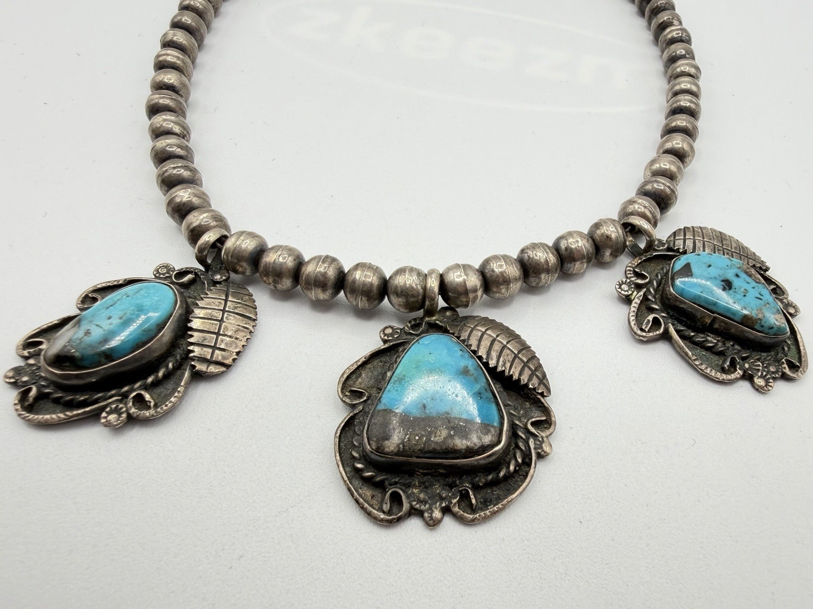 50g Vintage Navajo Persian Turquoise Sterling Silver Pendant Ball Beads Necklace