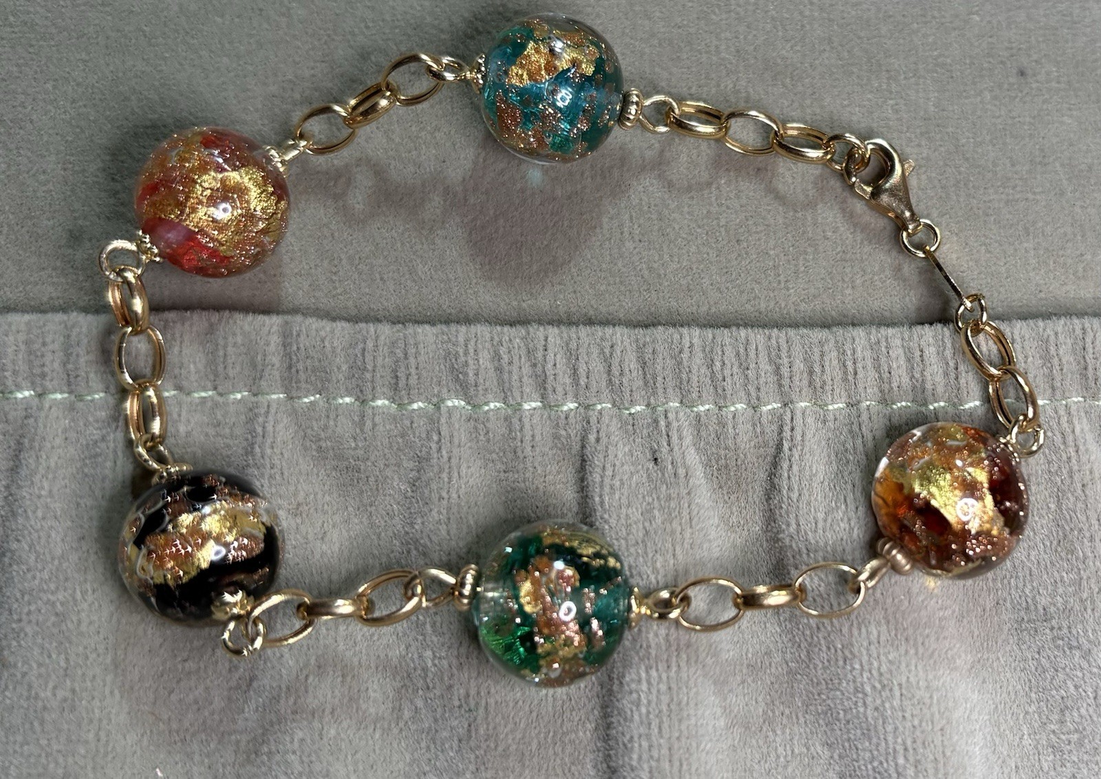 14k Yellow Gold Venetian Murano Glass Bead Link Bracelet 14.93G Sz6.5 Lot #43