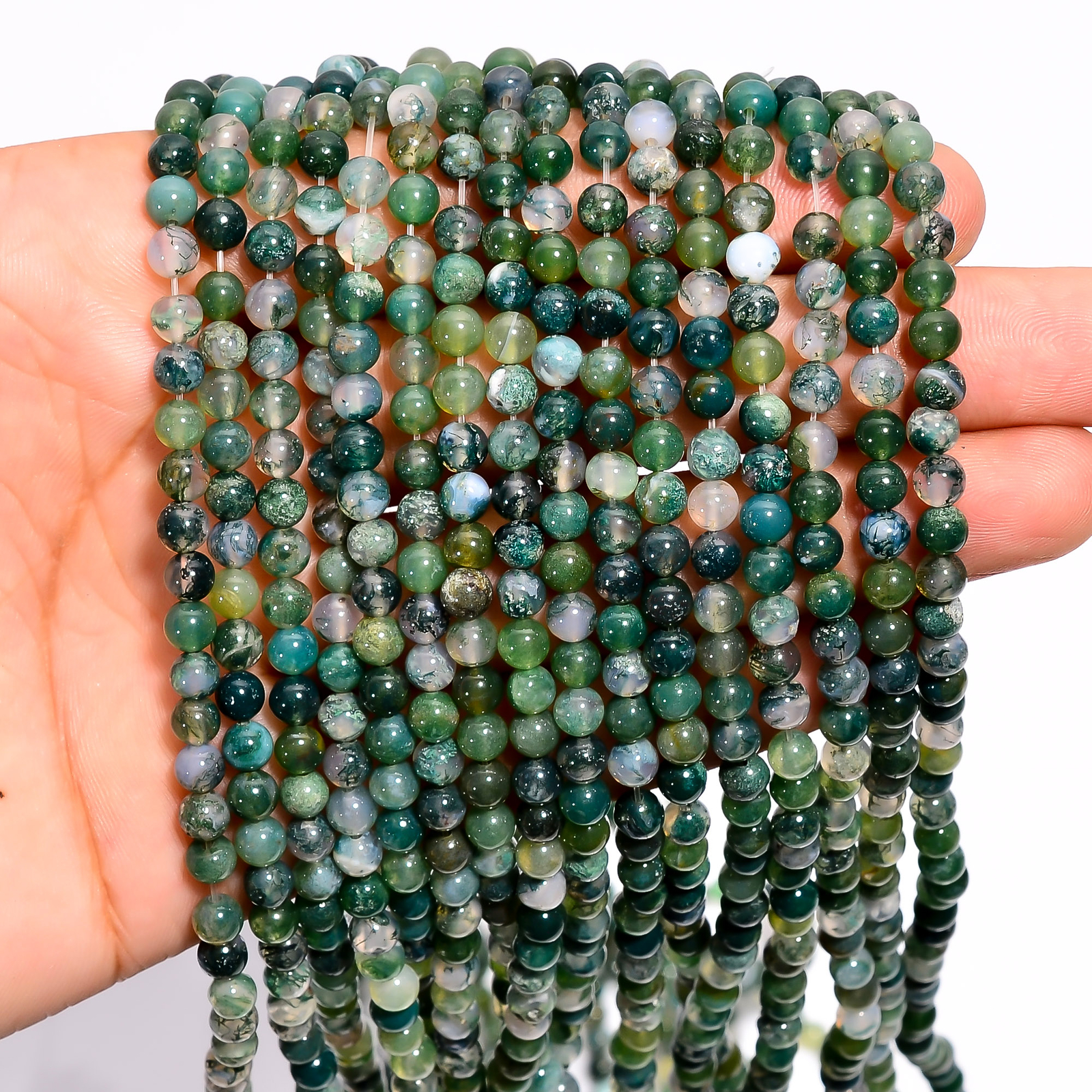 Natural Moss Agate Gemstone Round Shape Smooth Beads 4X4.5 mm Strand 15″ EB613
