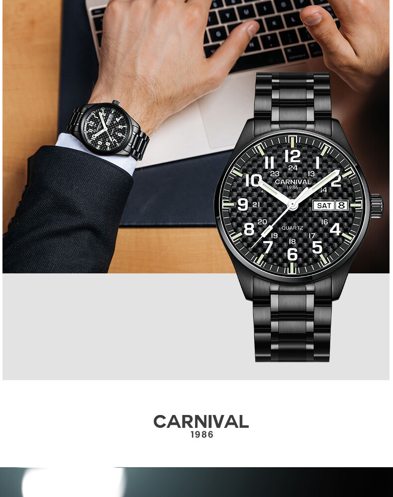 CARNIVAL Luxury Men’s Quartz Watch Luminous 3Bar Waterproof Stainless Steel