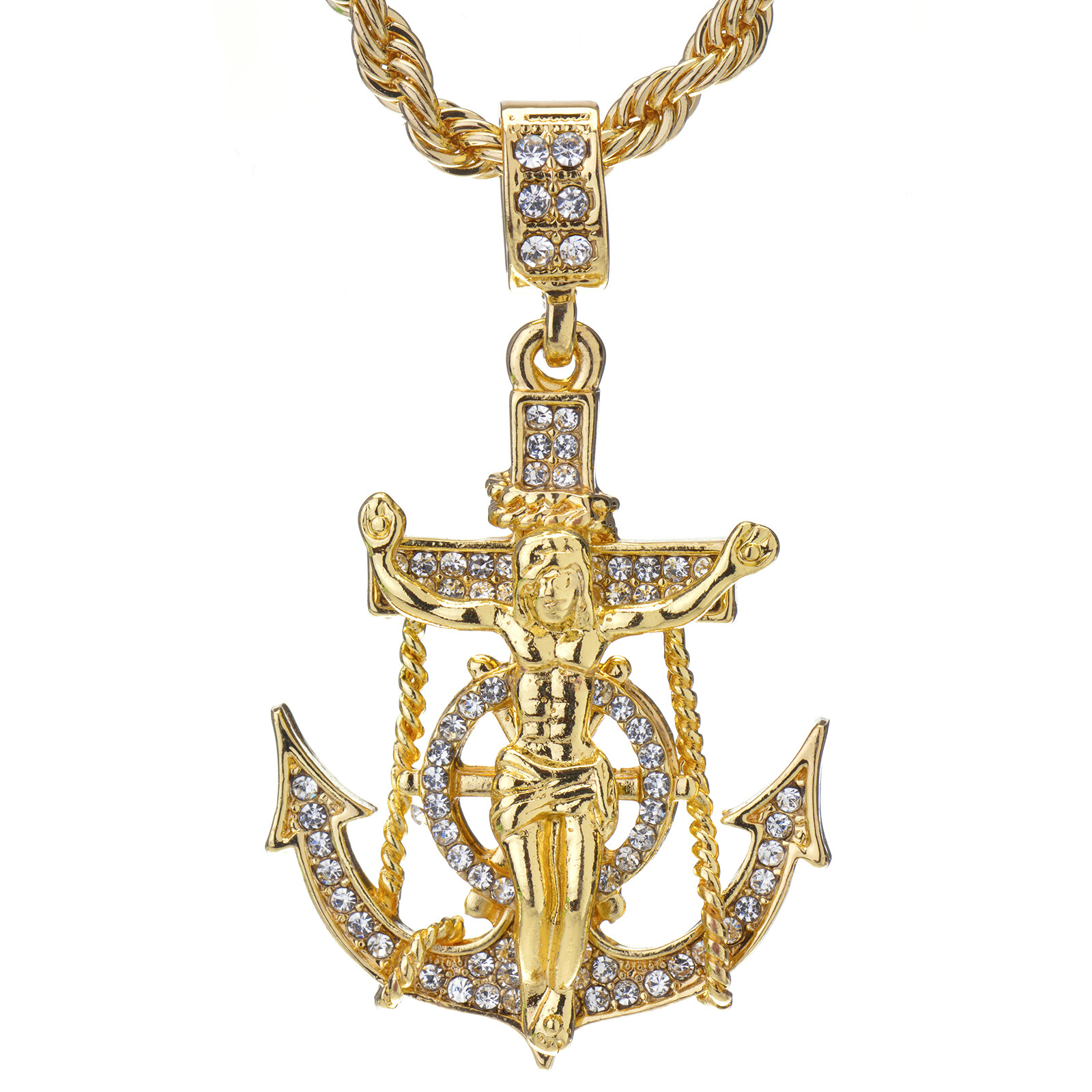 Men’s Hip Hop 14K Gold Plated Anchor Jesus Cross Pendant 24″ Rope Chain Necklace