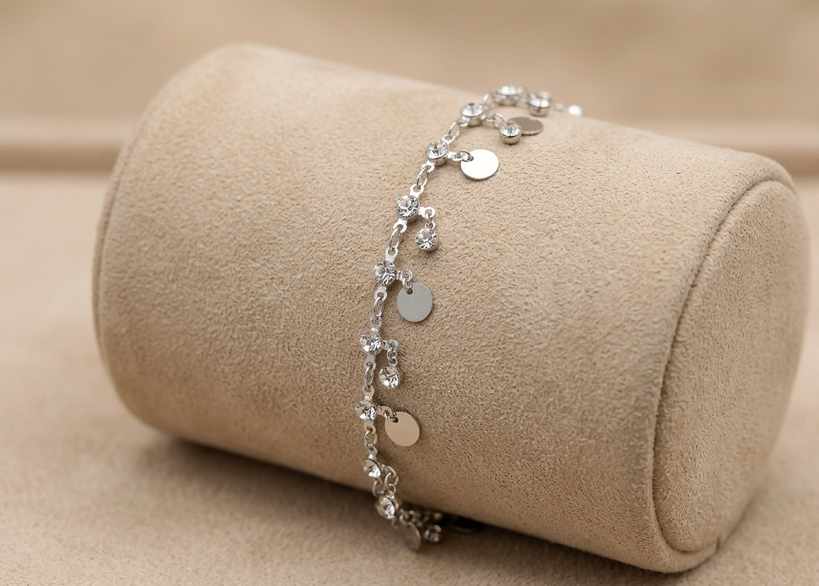 Elegant Silver Tone CZ Disc Bracelet Minimalist Bohemian Adjustable Chain Jewel