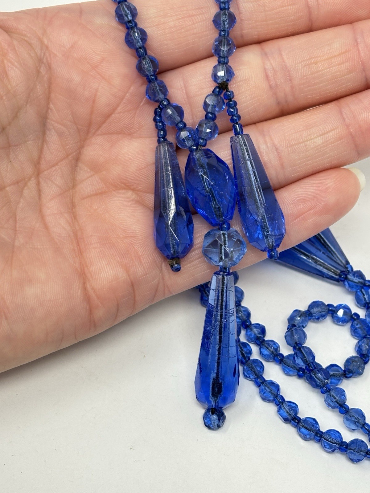 Antique Art Deco Blue Glass Bead Necklace Sautoir Flapper Teardrop 30″