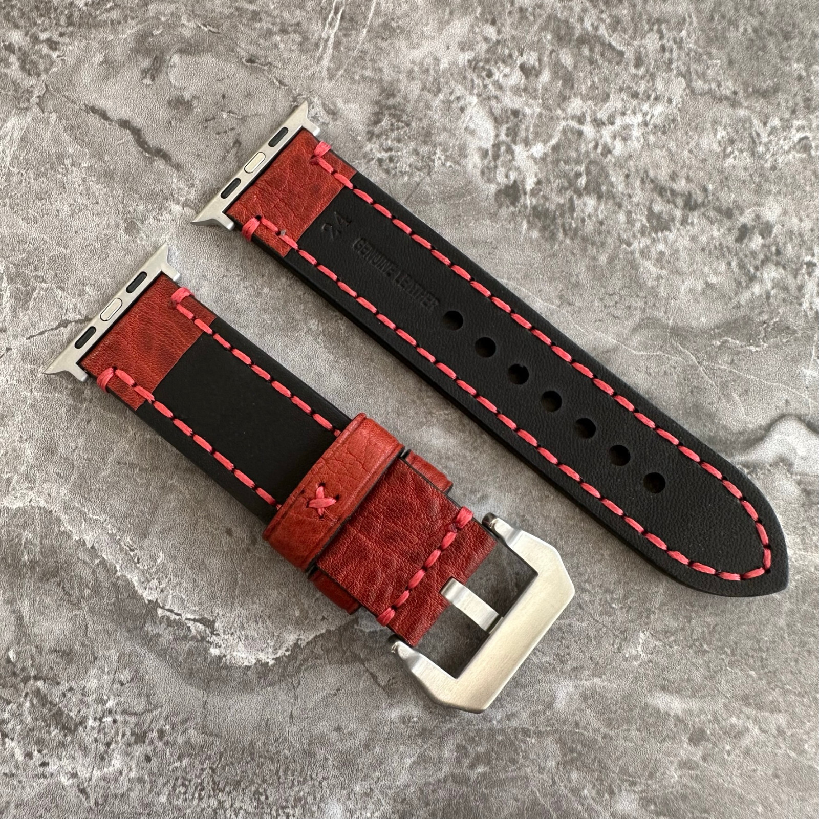 Premium Thick Red Lychee Leather Watch Strap Band For Apple Watch Ultra 1 2 49mm