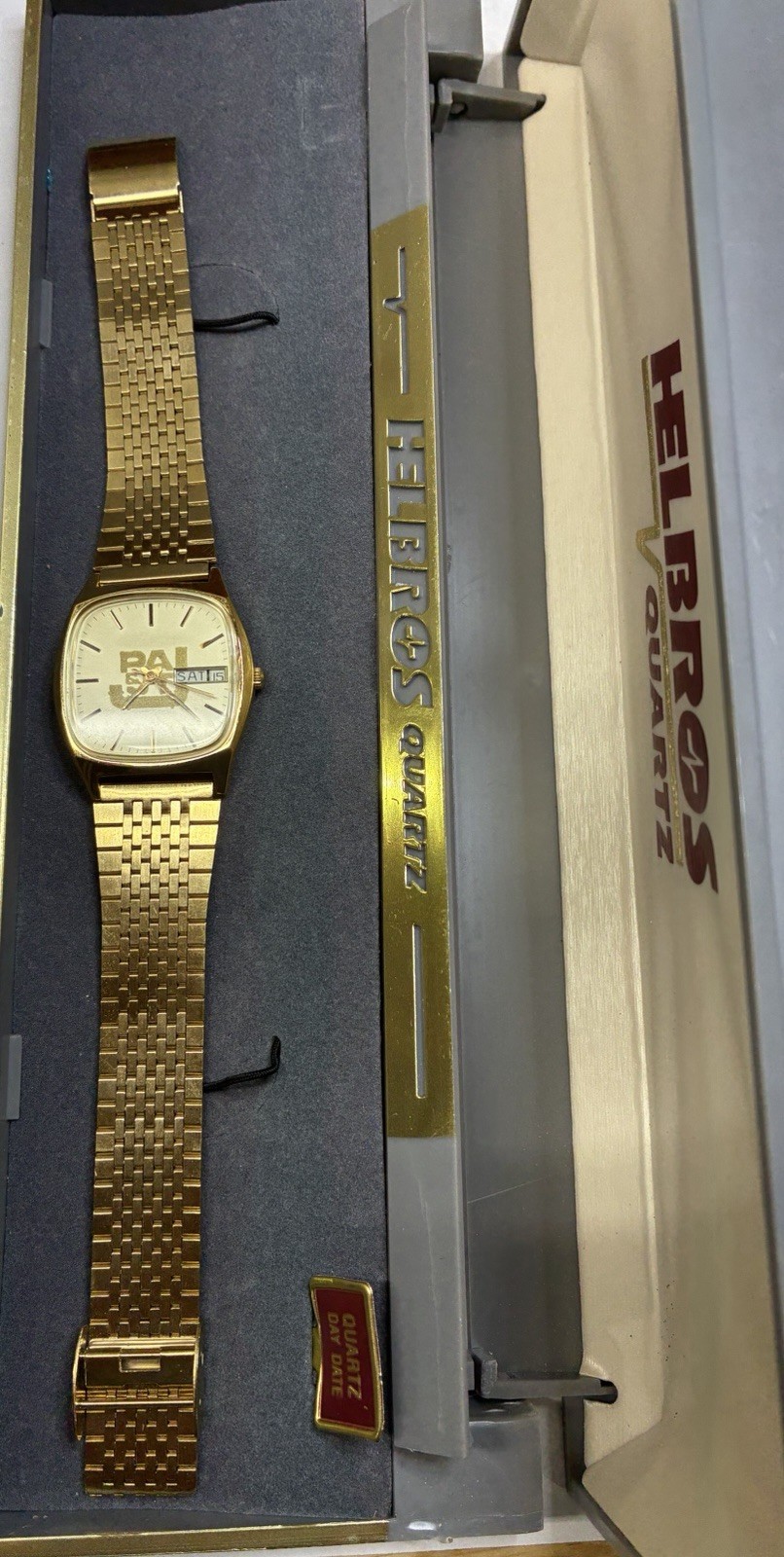 Helbros Quartz Men’s Dress Day/Date Analog Watch Gold Bracelet White Dial Box