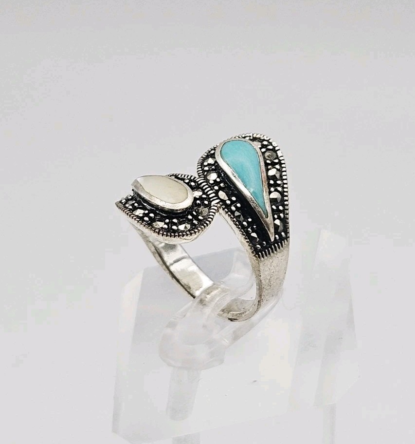 Marsala Manufacturing MC Sterling Silver Turquoise, MOP & Marcasite Ring Size 7