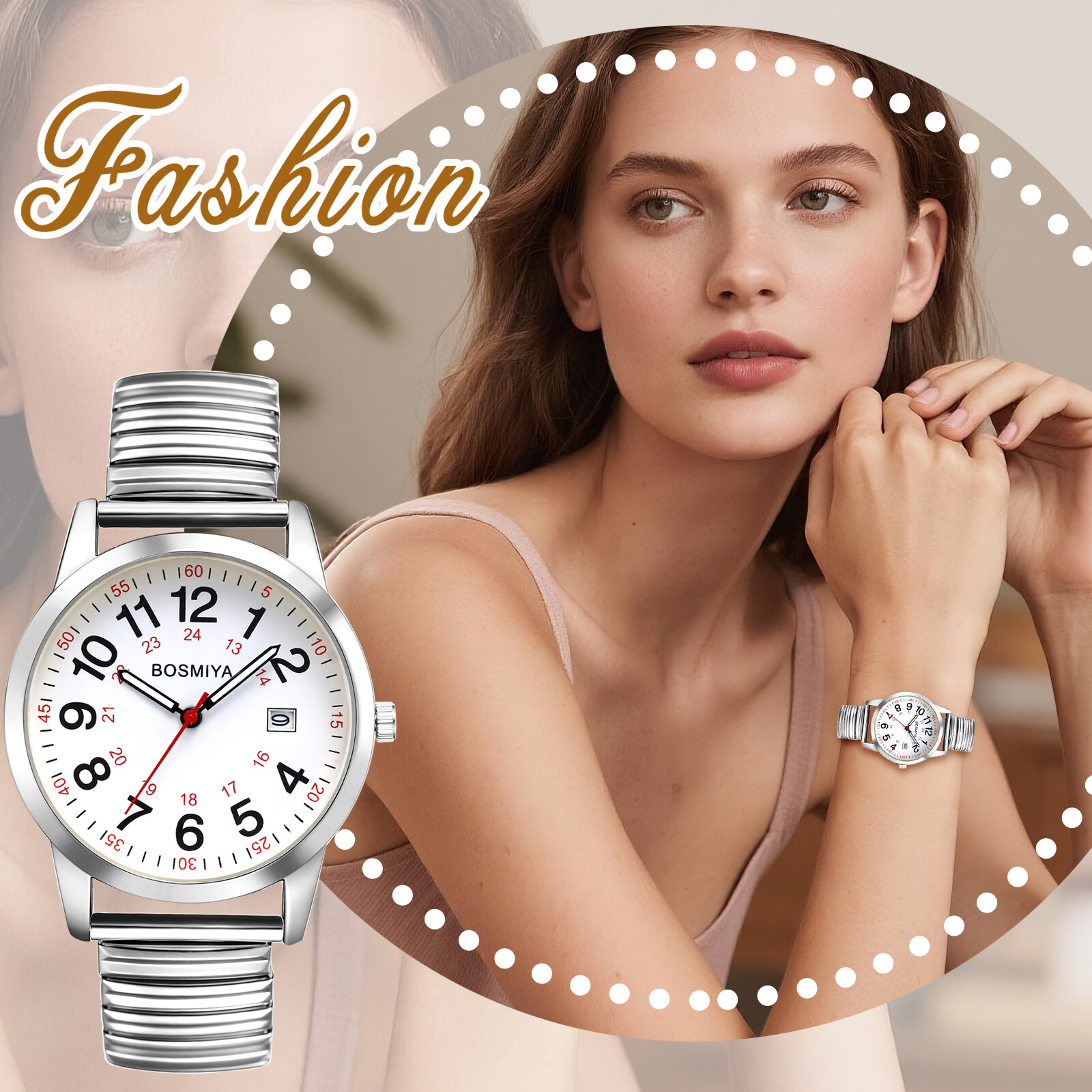 Men’s Womens Easy to Read Stainless Steel Elastic Date Quartz Wristwatch 24-Hour