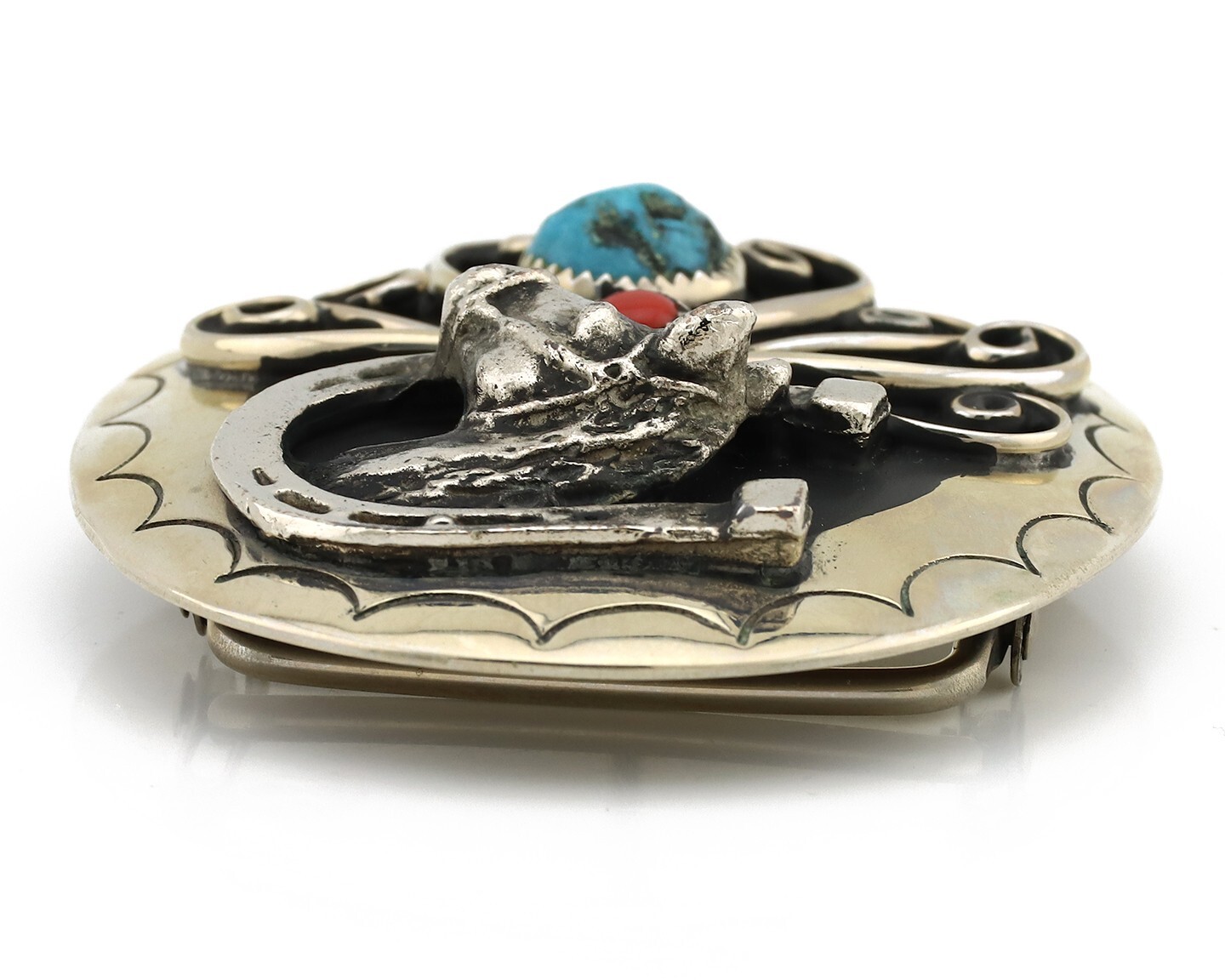 Navajo Horse Belt Buckle Nickle Silver Gemstone Handmade Native American C.80’s