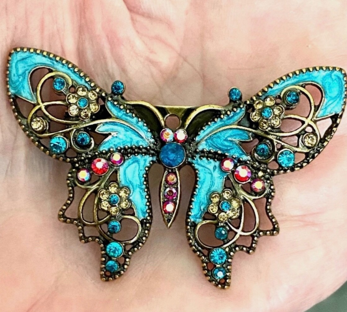 Aqua Blue Butterfly Rhinestone Brooch Box included