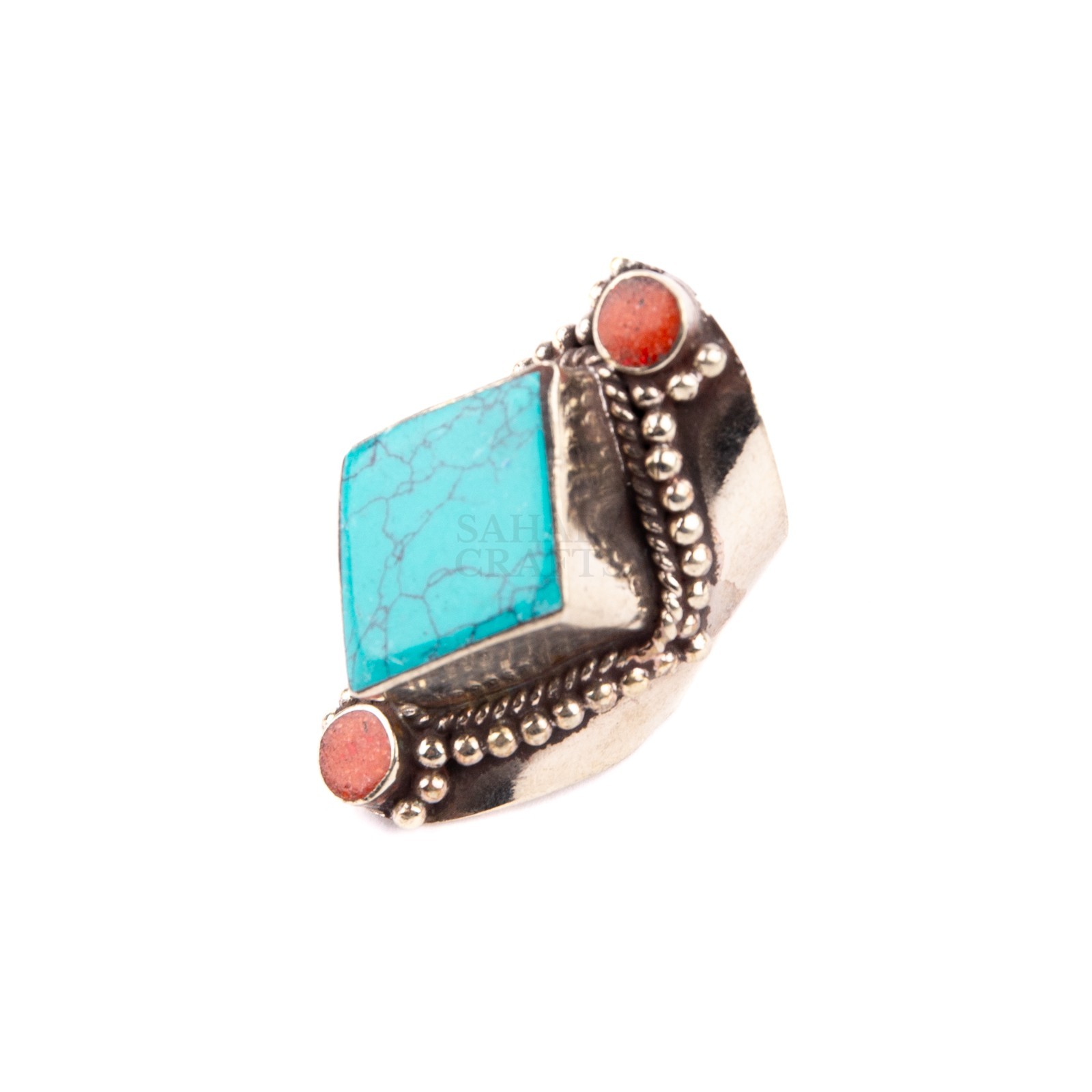 Tibetan Ring, Red Coral Turquoise Stone, Traditional Tibetan Bead Jewelry, 9.25