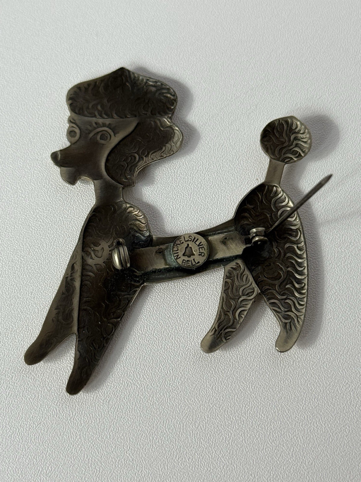 Vintage Bell Trading Nickle Silver Etched Detailed Large Poodle Brooch Pin