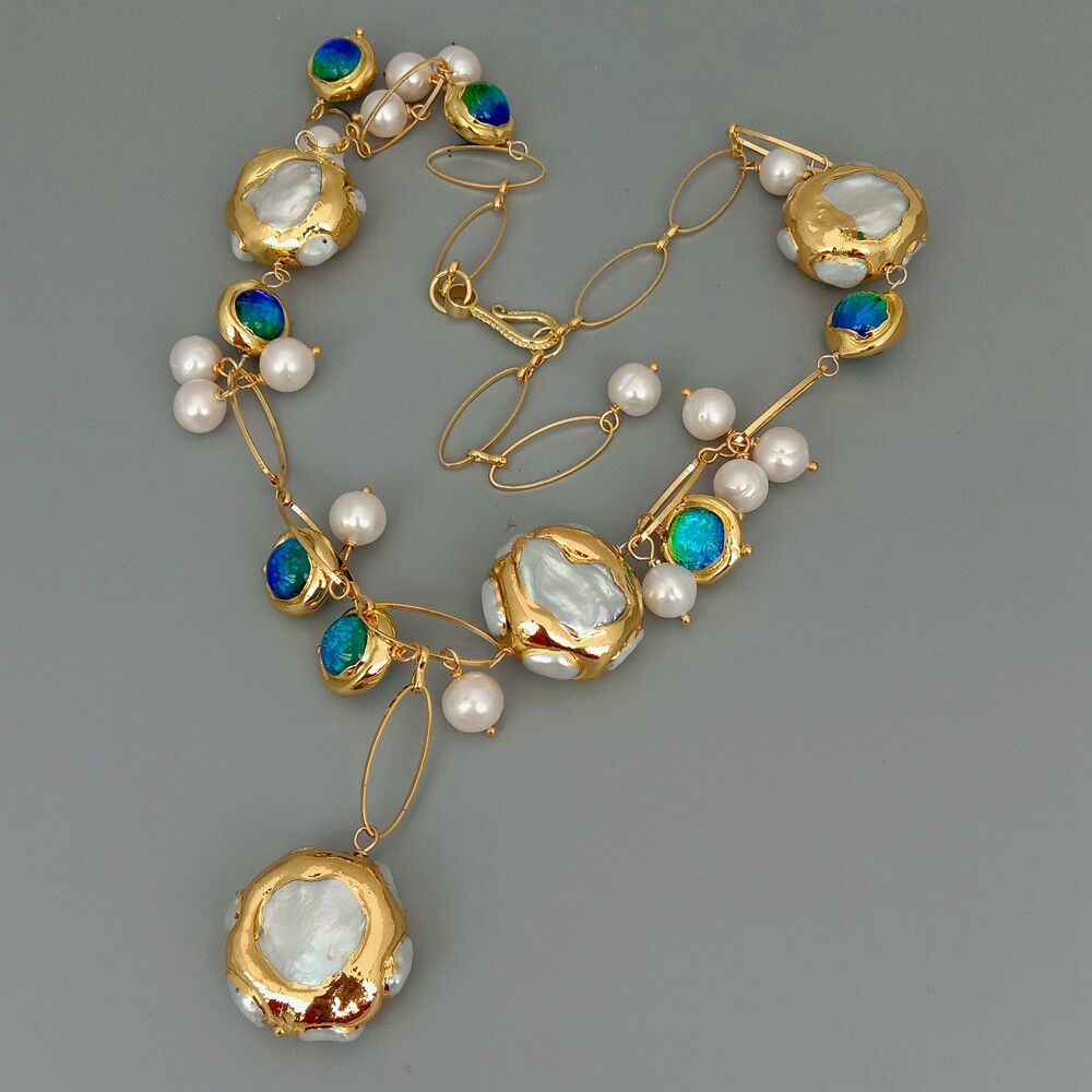 Freshwater Cultured White Keshi Pearl Blue Murano Glass Necklace 21″