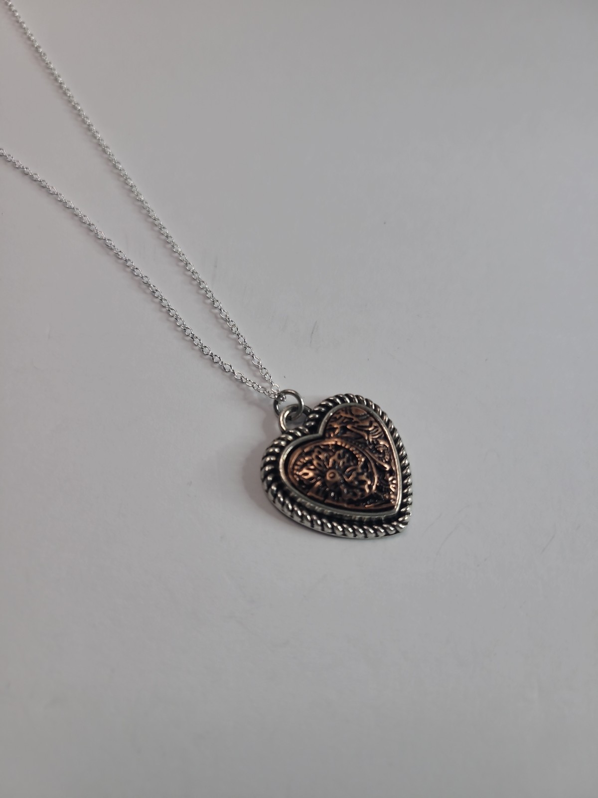 Western Heart Pendant Necklace Silver Tone Copper Floral Scroll Country Jewelry