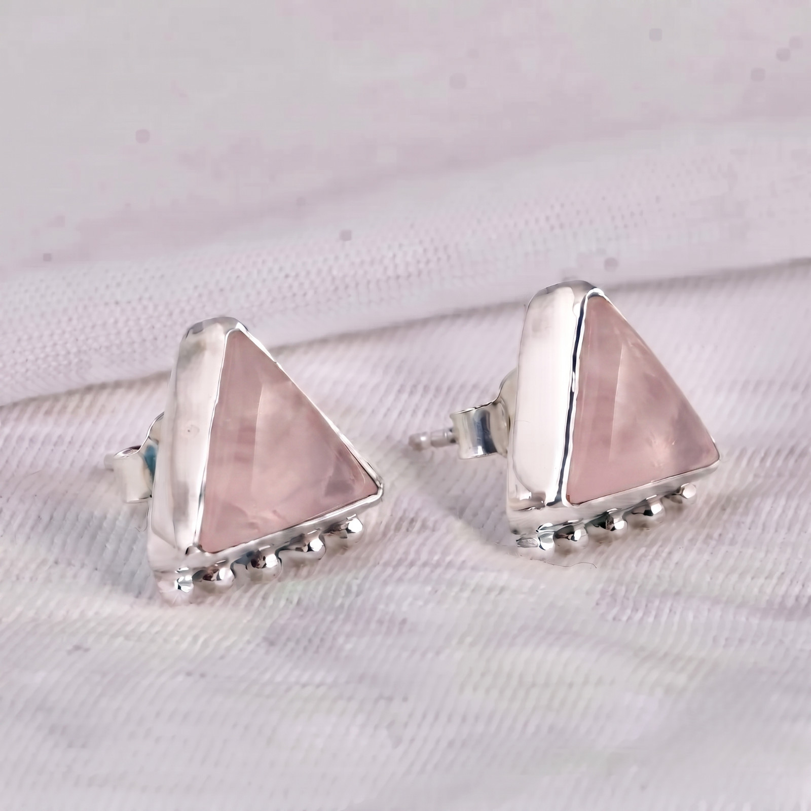 Sterling Silver Studs Rose Quartz Pink Crystal Healing Gemstone Womens Earrings
